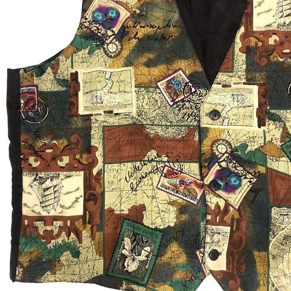 Attitudes Patchwork World Traveler Vest Brown Multi-Color Size XL - Picture 4 of 5
